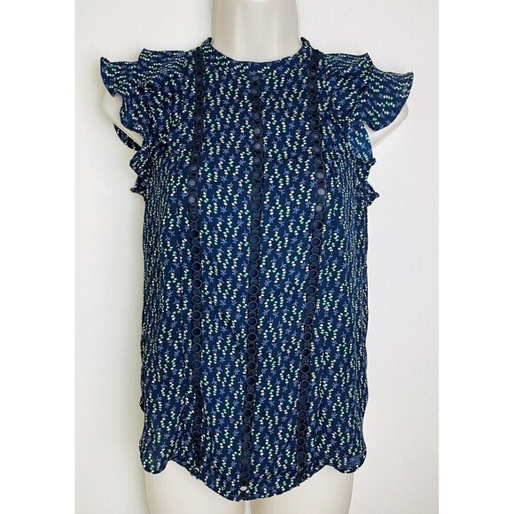 Ann Taylor Floral Blouse Women’s Top Size XXS Petite Blue Ruffles Cap Sleeve - Picture 1 of 5